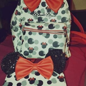 Loungefly Minnie Mouse Polka Dot Backpack and Headband - Red and Black